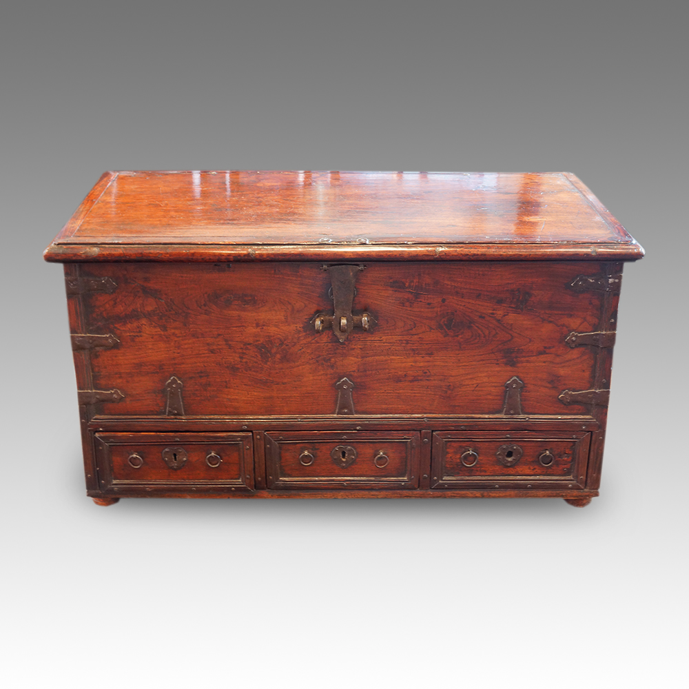 Antique-Colonial-hardwood-iron-bound-mule-chest.jpg Antique Colonial hardwood iron bound mule chest - Image 1