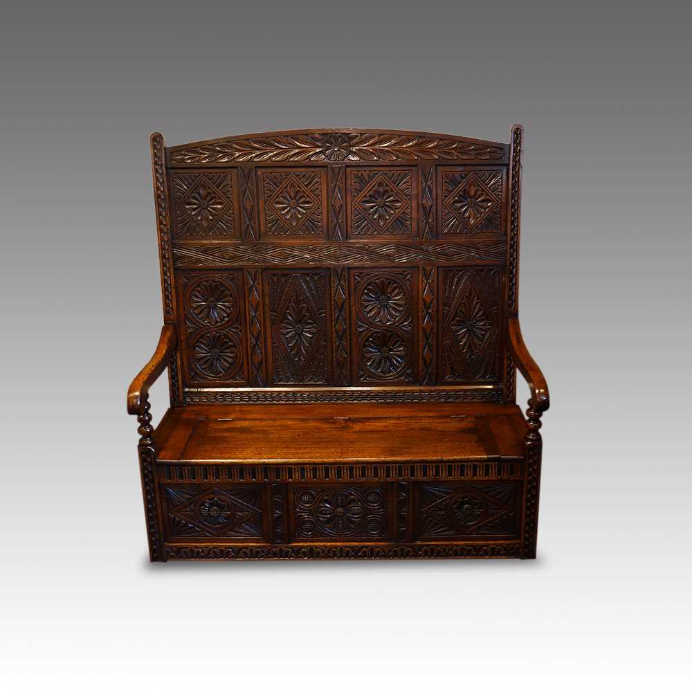 Antique-carved-oak-settle.jpg Antique carved oak settle - Image 1
