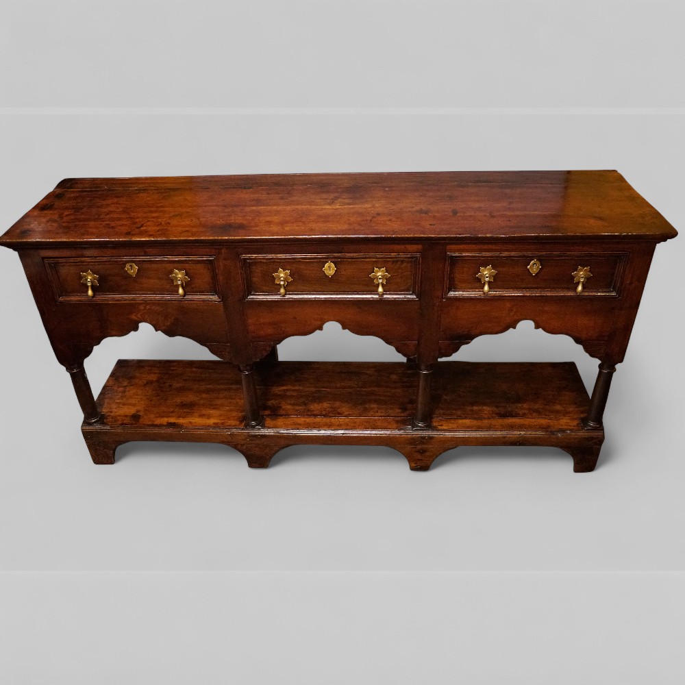 Antique-oak-pot-board-dresser-with-brass-drop-handles.jpg Antique oak pot board dresser with brass drop handles - Image 1