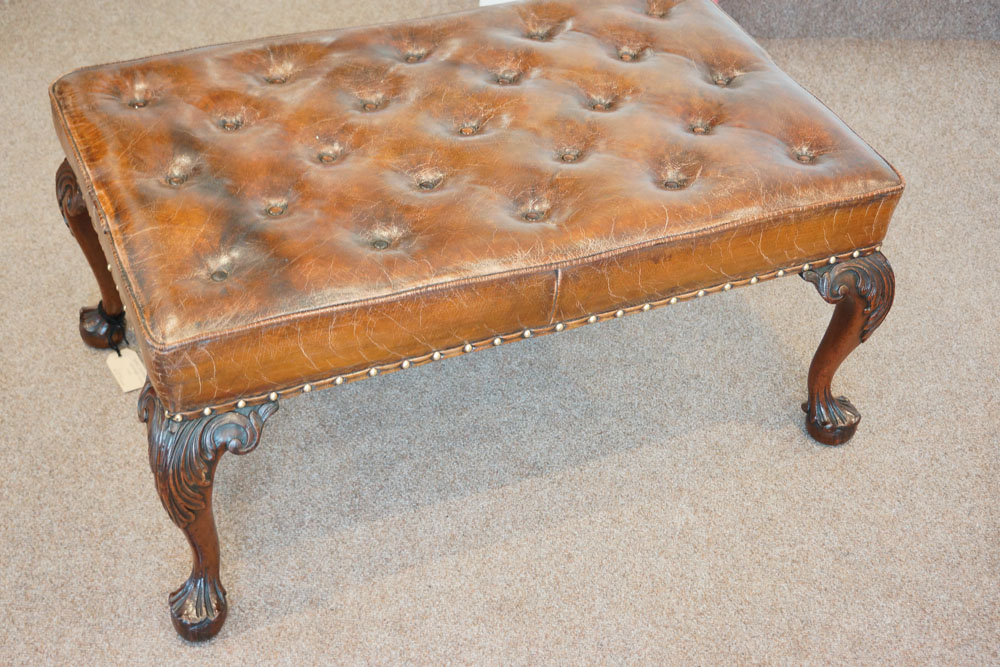 Button-leather-stool-on-mahogany-cabriole-legs.jpg Edwardian Mahogany Stool Upholstered in Leather - Image 1