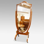 Edwardian inlaid mahogany shield shape cheval mirror