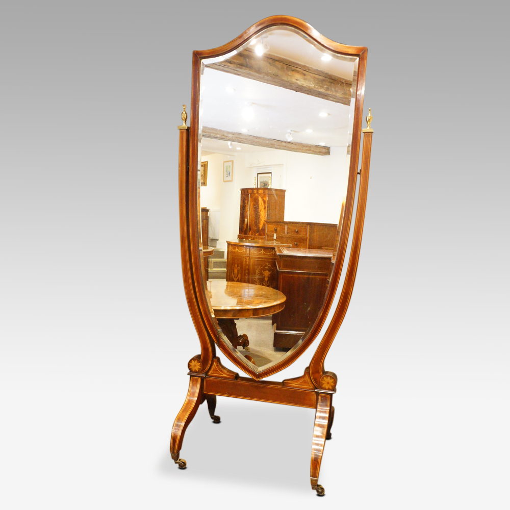 Edwardian-inlaid-mahogany-shield-shape-cheval-mirror-at-angle.jpg Edwardian inlaid mahogany shield shape cheval mirror - Image 1