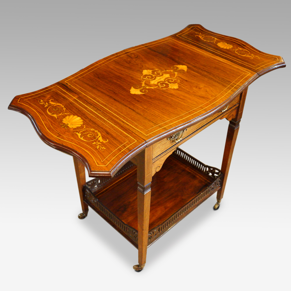Edwardian-inlaid-rosewood-dropflap-table-angle-view.jpg Victorian inlaid rosewood drop leaf table - Image 1