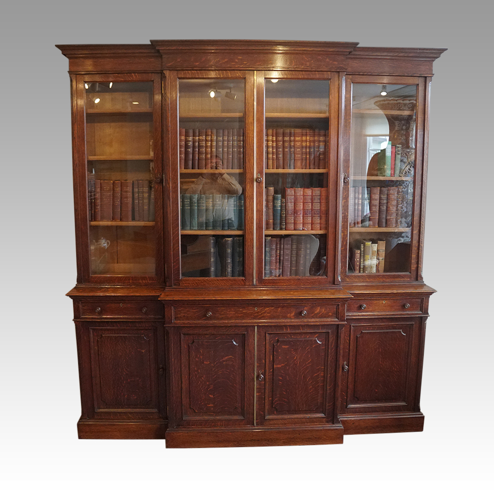Edwardian-oak-breakfront-bookcase.jpg Edwardian oak breakfront bookcase - Image 1