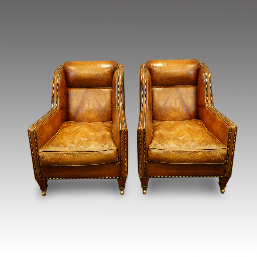 Edwardian-pair-of-easy-chairs.jpg Edwardian leather easy chairs - Image 1