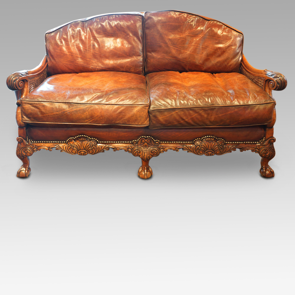 Edwardian-walnut-bergere-sofa.jpg Edwardian walnut and leather bergere sofa - Image 1