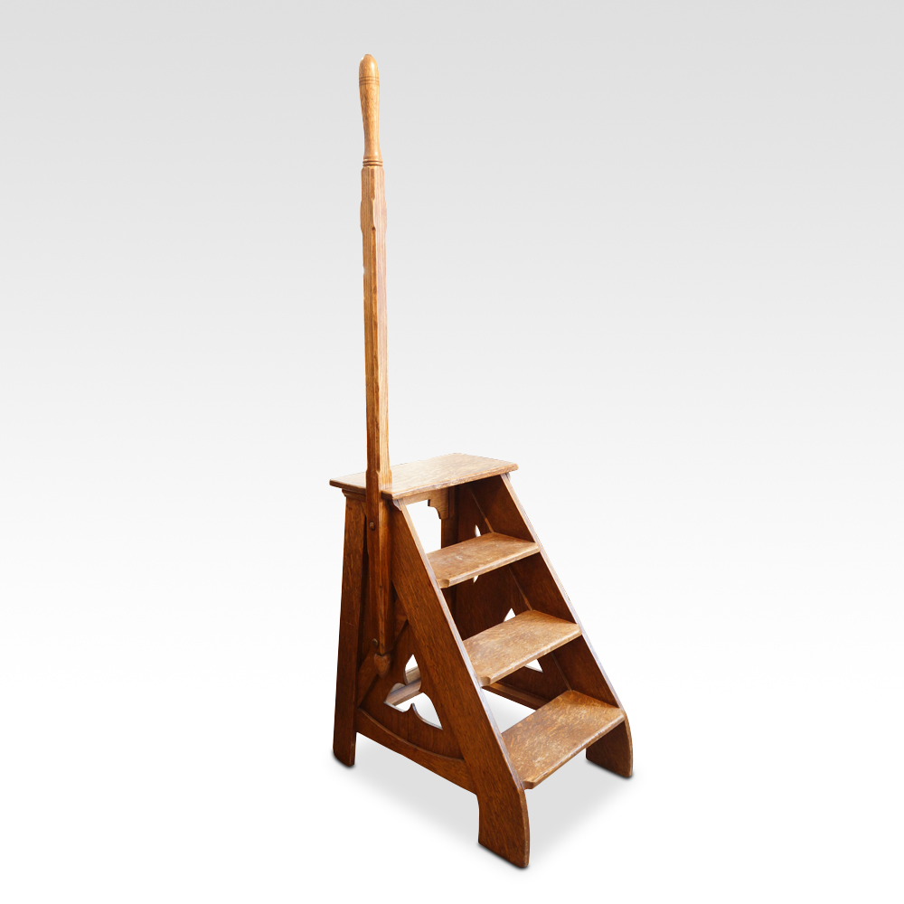 Gothic-oak-library-steps-1.jpg Victorian Gothic oak library steps - Image 1