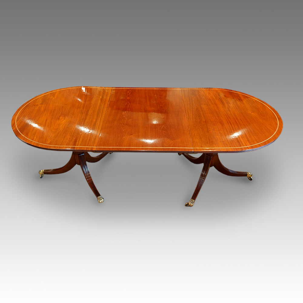 Inlaid-round-ended-twin-pillar-dining-table.jpg Mahogany twin pillar dining table, 1930's - Image 1