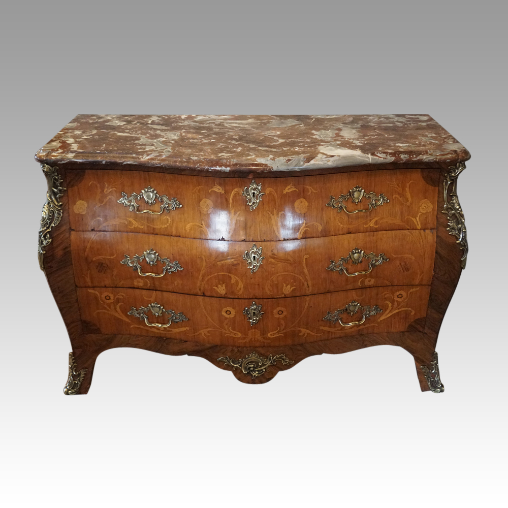 Marble-topped-marquetry-bombe-commode.jpg 1930's Marble topped marquetry commode - Image 1