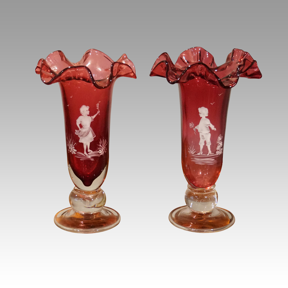 Pair-of-Mary-Gregory-fluted-cranberry-vases.jpg Pair of Mary Gregory cranberry glass vases - Image 1