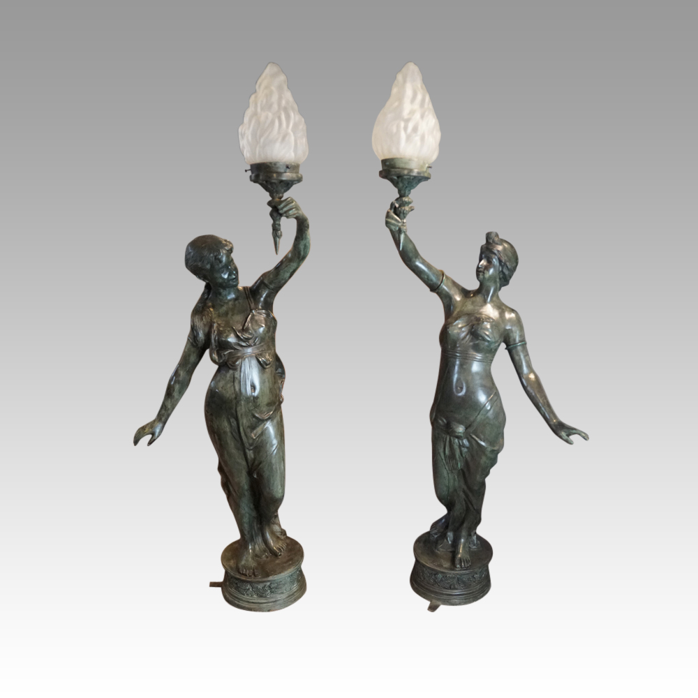 Pair-of-bronze-lanterns.jpg Pair of large bronze lanterns of maidens - Image 1