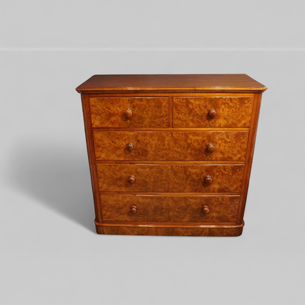 Victorian-burr-walnut-chest-of-drawers-3.jpg Victorian Burr Walnut Chest of Drawers – Elegant Antique Storage with Hidden Plinth Drawer - Image 1