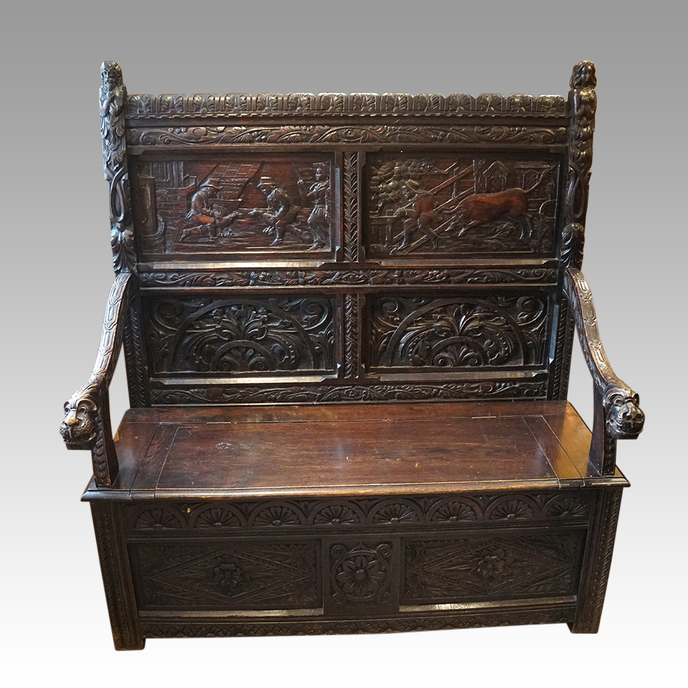 Victorian-carved-oak-settle-1.jpg Victorian cock fighting carved oak settle - Image 1