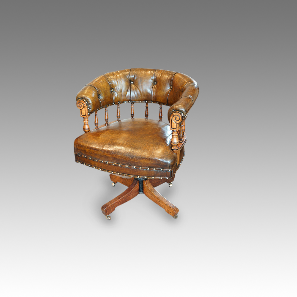 Victorian-oak-leather-revolving-desk-chair.jpg Victorian oak buttoned leather revolving desk chair - Image 1