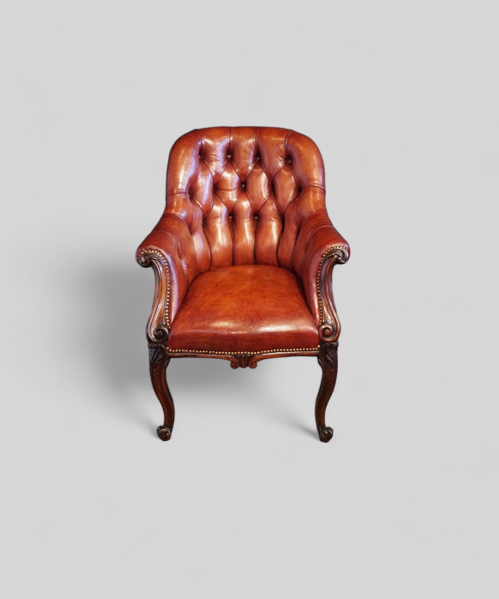 Victorian-rosewood-button-leather-library-chair-1.jpg Victorian rosewood leather library chair - Image 1