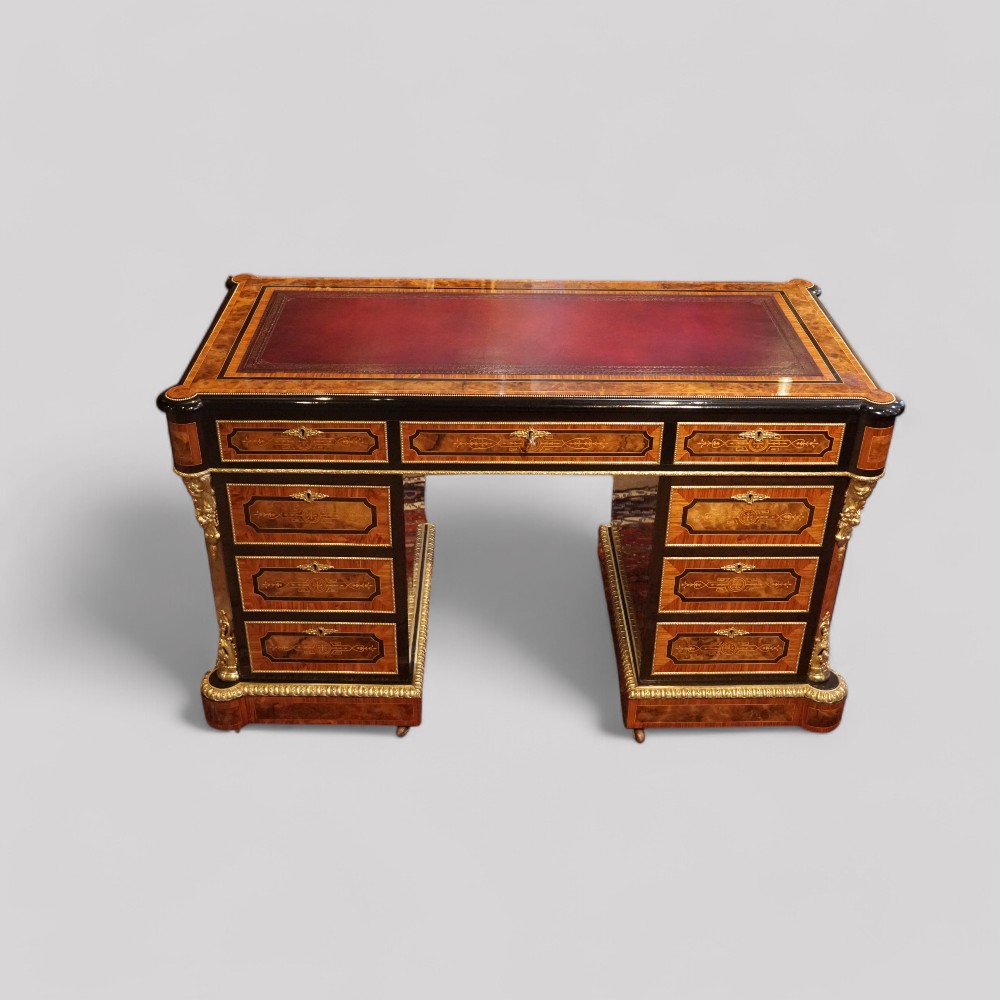 Victorian-walnut-ormolu-pedestal-desk-main.jpg Antique Burr Walnut Ormolu Pedestal Desk - Image 1