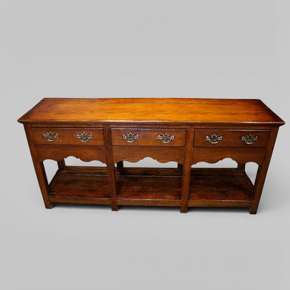 Antique-oak-pot-board-dresser-base-square-legs 19th Century Oak Dresser Base with Pot Board and Three Drawers - Image 1