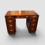 Campaign Style Mahogany Pedestal Desk with Brass Corners & Flush Brass Handles – Three Piece Desk with File Drawer