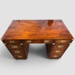 Campaign Style Mahogany Pedestal Desk with Brass Corners & Flush Brass Handles – Three Piece Desk with File Drawer - Image 4