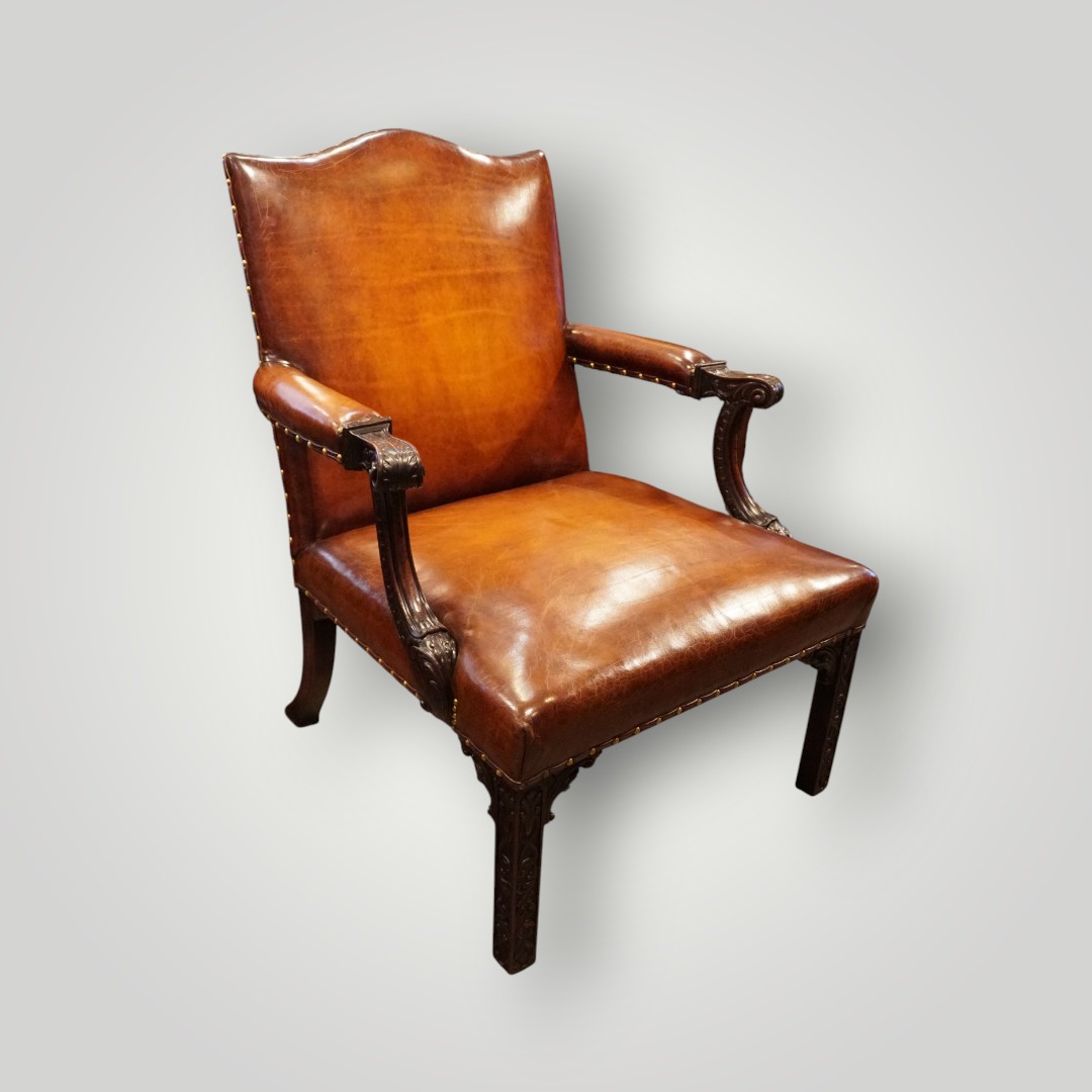 George-III-mahogany-Gainsborough-chair-angle Large Georgian Gainsborough Armchair in Hand-Dyed English Hide Leather – Mahogany with Chippendale Blind Carving - Image 1