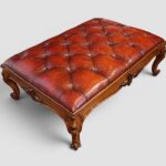 Large Victorian Walnut Buttoned Red Leather Stool / Coffee Table – Antique Hand-Dyed English Leather