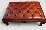 Large Victorian Walnut Buttoned Red Leather Stool / Coffee Table – Antique Hand-Dyed English Leather - Image 7