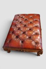 Large Victorian Walnut Buttoned Red Leather Stool / Coffee Table – Antique Hand-Dyed English Leather - Image 2