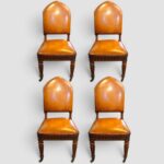 Set of 4 Victorian Gothic Oak Dining Chairs with Leather Seats