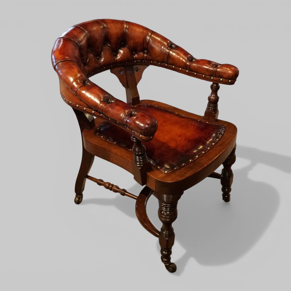 Victorian-buttoned-leather-desk-chair-side Victorian Mahogany Buttoned Leather Desk Chair – Antique Tub Armchair - Image 1