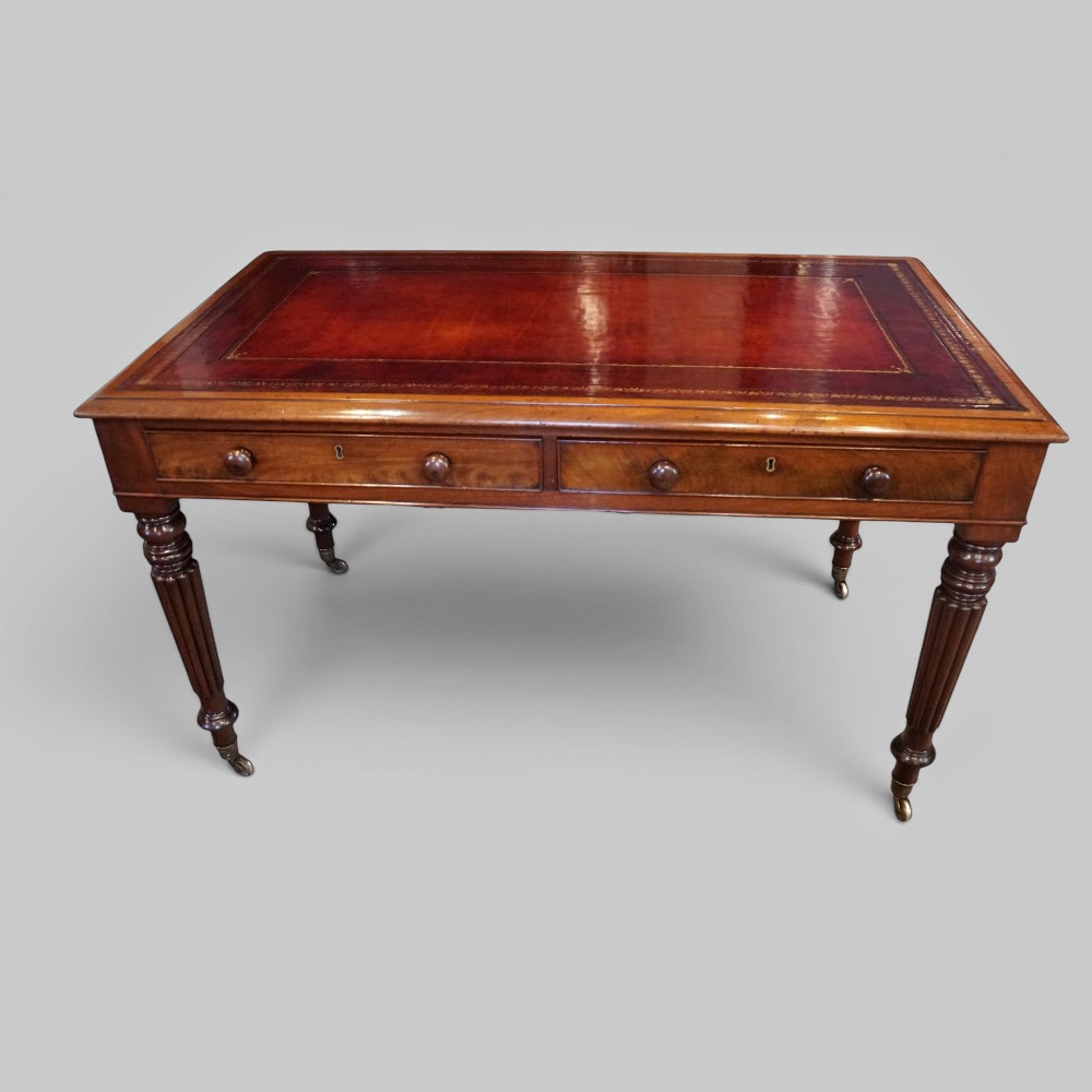 Victorian-mahogany-writing-table Victorian Mahogany Partners Writing Table with Red Hide Leather Top - Image 1