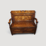 Art Nouveau inlaid oak settle with inlaid floral panels