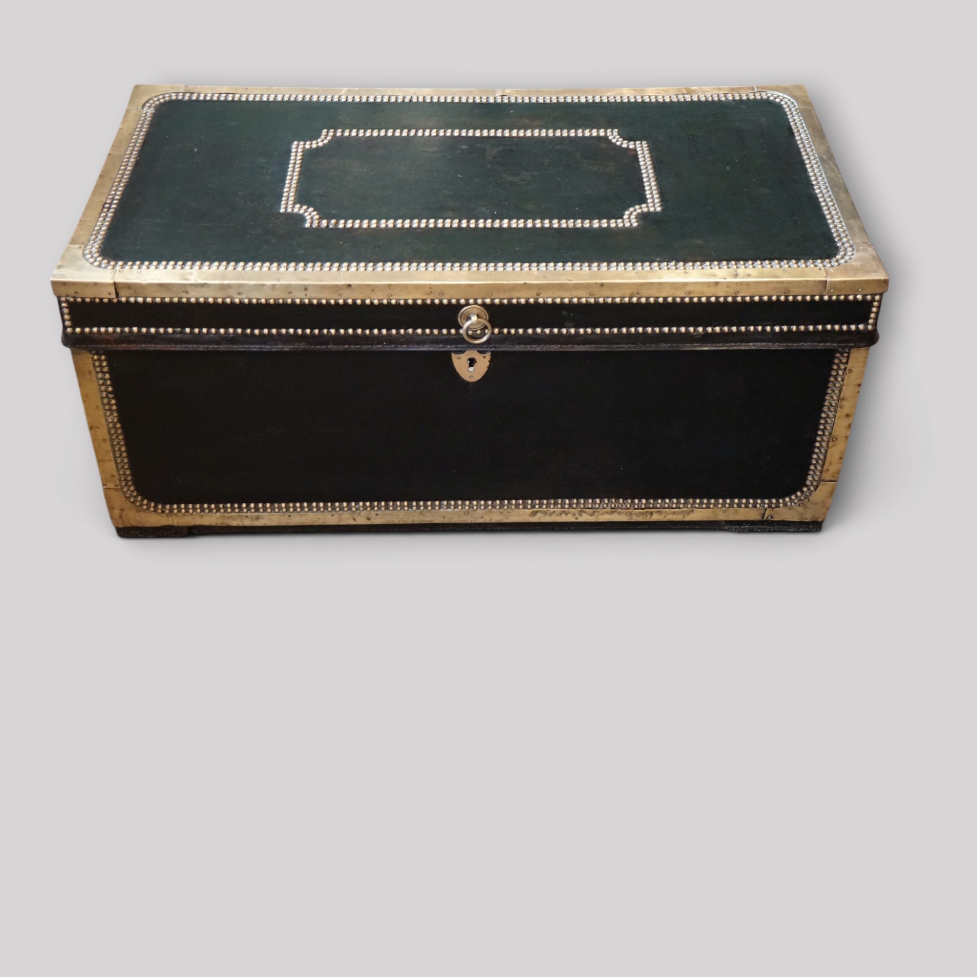 Regency-green-leather-brass-bound-trunk Regency Green Leather Brass‑Bound Trunk – Antique Brass‑Studded Chest c.1810 - Image 1