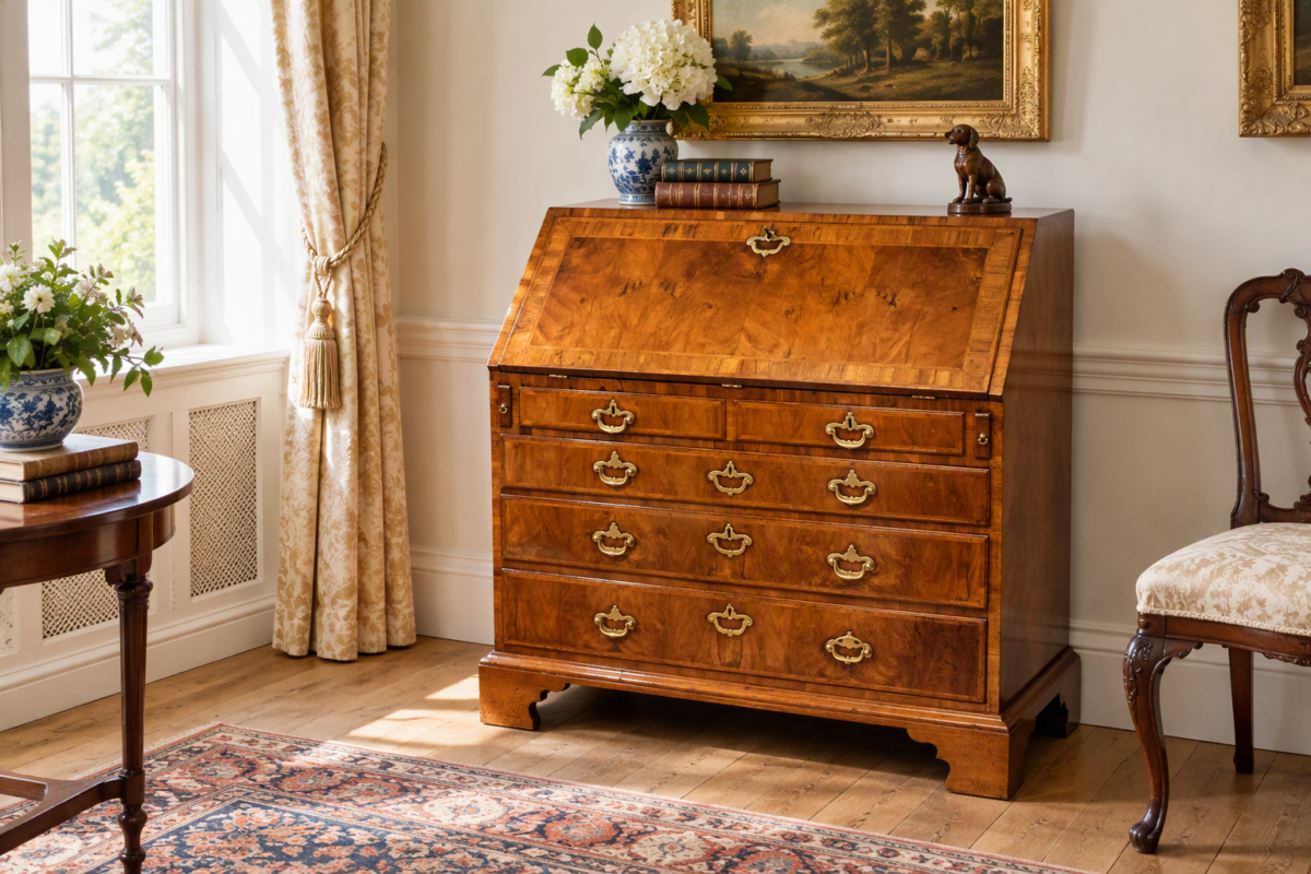 George II walnut bureau in an interior setting