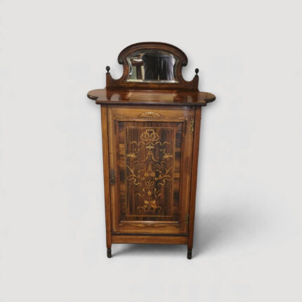 Late Victorian inlaid rosewood music cabinet with decorative mirrored back.