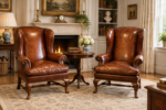 Fine pair of leather and walnut wing chairs in classic interior setting