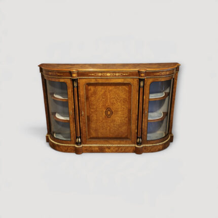 Victorian walnut burr inlaid credenza with curved glass display cabinets.