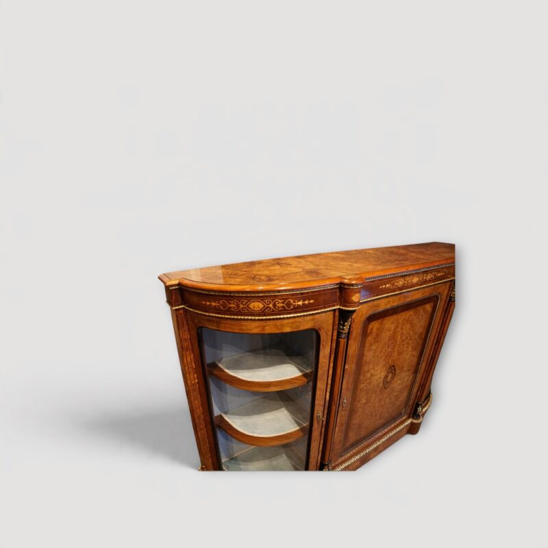 Antique walnut credenza sideboard featuring decorative marquetry inlay.